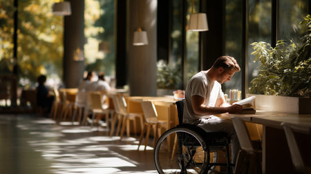 Individual reading a book while sitting in a wheelchair at a bright cafe in the afternoonの素材