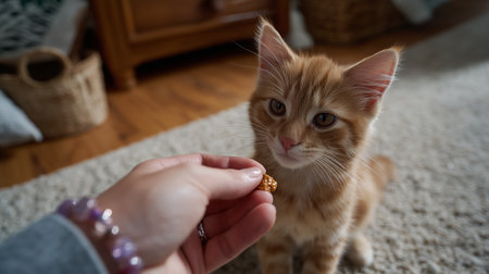 Ginger cat eagerly waiting for a treat in a cozy living room settingの素材