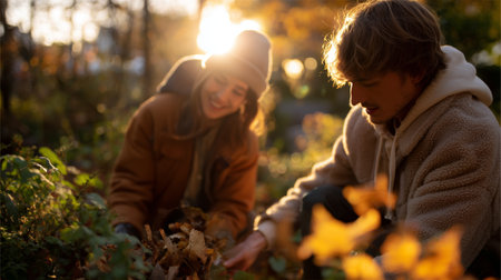 Couple enjoying autumn leaves in a sunny garden during late afternoonの素材