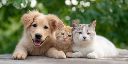 Happy puppy and kittens enjoying a sunny day outdoors togetherの素材