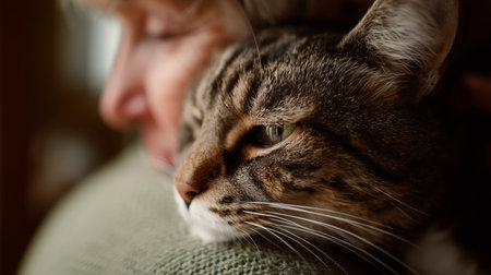 Close bond between a person and a cat during a cozy indoor momentの素材