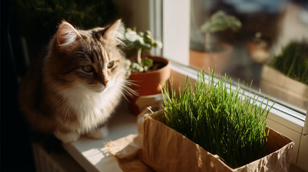 Fluffy cat sitting by the window with green grass and potted plants in warm sunlightの素材