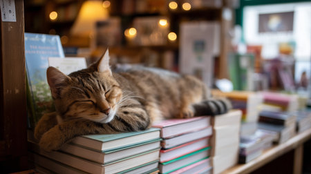 Cat relaxing on stacked books in a cozy bookstore during the afternoonの素材