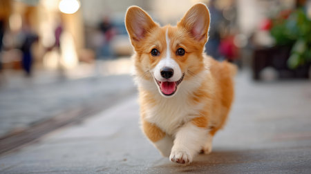 Corgi puppy happily running through a city street in bright sunlightの素材