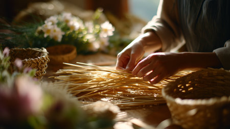 Woman weaving straw into baskets in a sunlit workshop while surrounded by flowersの素材