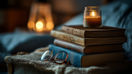 Cozy reading nook with glowing candle and vintage books during evening hoursの素材