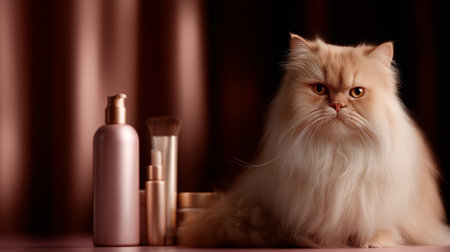 Stylish Persian cat poses among beauty products in a cozy settingの素材