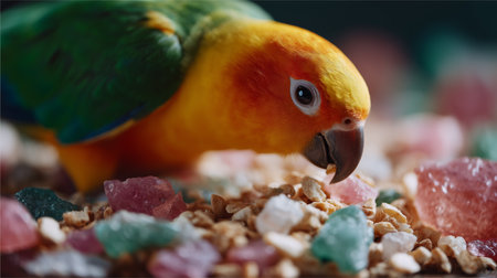 Colorful parrot foraging on the ground among colorful stones and granolaの素材