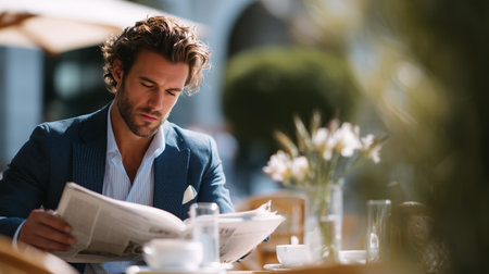 Man reads newspaper at outdoor cafe in sunny morningの素材