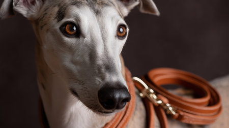 Greyhound dog poses calmly with leash indoors in a cozy settingの素材