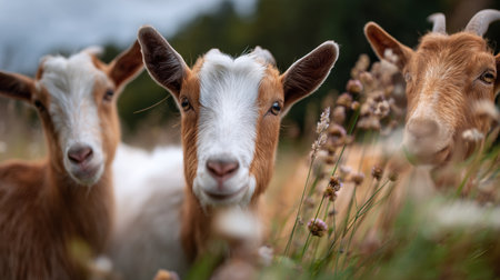 Goats grazing in a lush meadow during a cloudy afternoonの素材