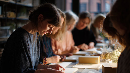 Women engaged in crafting session at cozy workshop during afternoon hoursの素材