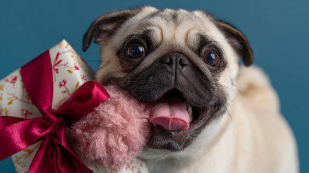 Happy pug with a gift in its mouth against a blue backgroundの素材