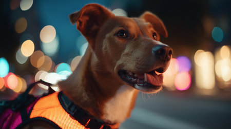 Dog wearing bright vest enjoys a nighttime walk in a city with lights in the backgroundの素材