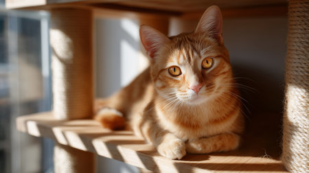 Calm orange cat enjoying sunlight on a wooden shelf in a cozy roomの素材