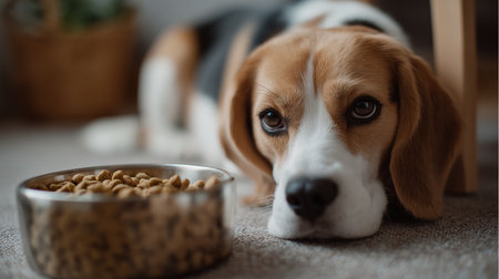 Beagle dog resting near a bowl of dog food on a cozy carpet indoorsの素材