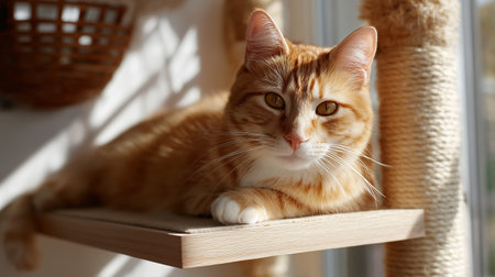 Orange cat relaxes on a wooden shelf in sunlight near a window in a cozy roomの素材