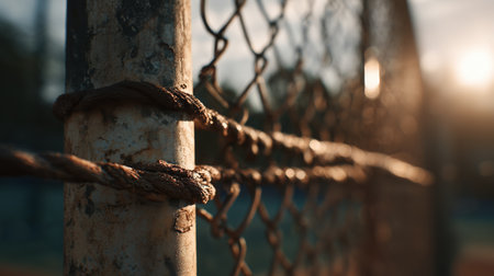 Rusty fence post with chain link at sunset in an outdoor sports areaの素材