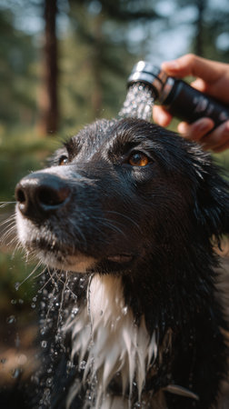 Border collie enjoying a refreshing shower in a forest setting on a sunny dayの素材