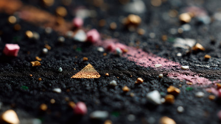 Colorful particles scattered on a dark surface create an abstract designの素材