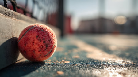 Tennis ball resting against the net at a sunny outdoor courtの素材