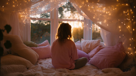 Girl sitting on bed surrounded by pillows and fairy lights at sunsetの素材