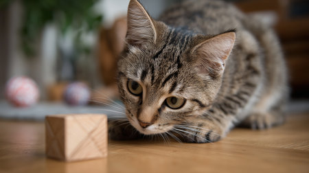 Curious cat examines a wooden block on the floor during afternoon playtimeの素材
