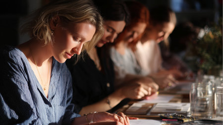 Creative workshop in a cozy setting with participants engaged in crafting togetherの素材