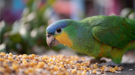 Colorful green parrot foraging for food in a sunny garden settingの素材