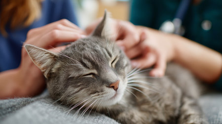 Cat being gently petted by a person in a veterinary clinic settingの素材
