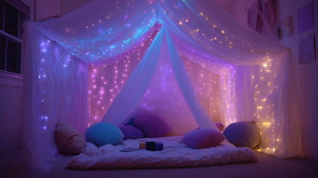 Cozy indoor fort with colorful lights for a relaxing evening setupの素材