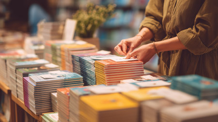 Busy person organizing colorful books at a vibrant book fair in a cozy venueの素材