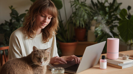Woman works on a laptop while a cat rests nearby in a cozy indoor space with plantsの素材