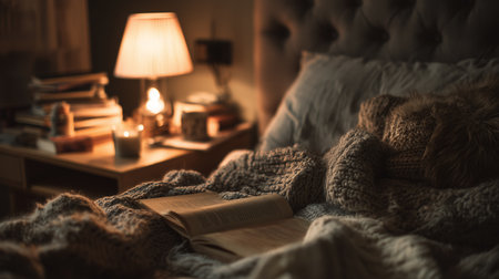 Cozy bedroom scene with a book, warm light, and cozy blankets during the eveningの素材