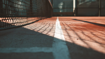 Shadows on the court during late afternoon tennis practice in a sports facilityの素材