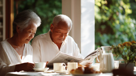 Elderly couple enjoying morning together at home while reading the newspaperの素材