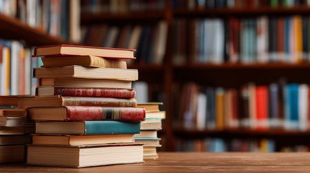Stacked books on a wooden table with a library background full of shelvesの素材