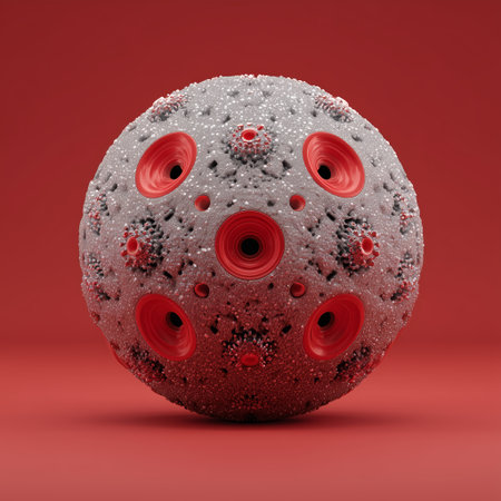 Unique abstract sphere with textured surface and red accents against a solid backgroundの素材