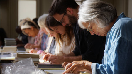 Participants engage in a creative writing workshop at a community center in the afternoonの素材