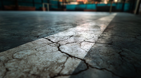 Cracked surface of a sports court captures the effects of wear over timeの素材