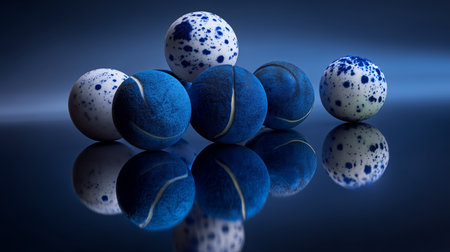 Colorful tennis balls stacked creatively on a reflective surface with dramatic lightingの素材