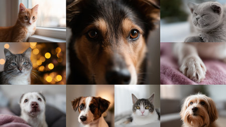 Pets relaxing indoors with cozy lighting and soft textures during evening hoursの素材