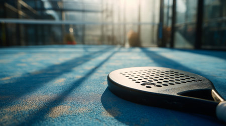 Racket rests on blue court during sunny afternoon at a sports facilityの素材