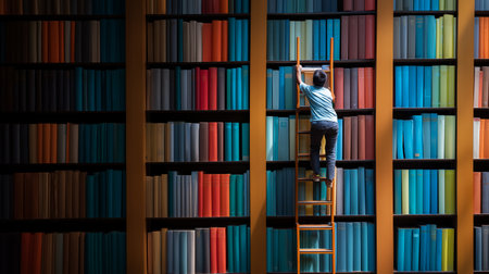 Child climbs ladder to reach colorful books on a tall shelf in a library settingの素材