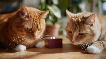Two curious orange cats playing near a small light in a cozy roomの素材