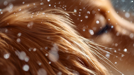 Close-up of a golden retrievers fur glistening in the snow on a winter dayの素材