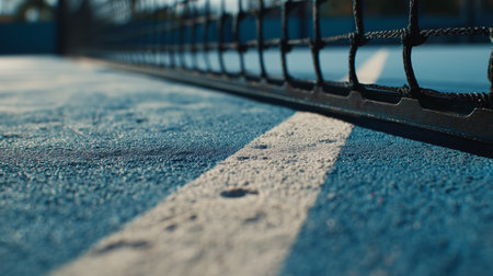 Close-up view of a tennis court net on a sunny dayの素材