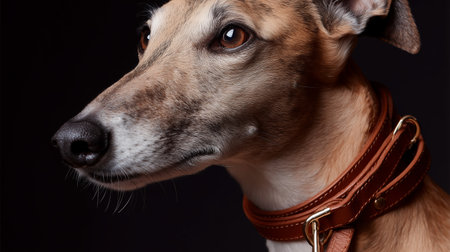 Beautiful greyhound posing for a portrait with a leather collar against a dark backgroundの素材