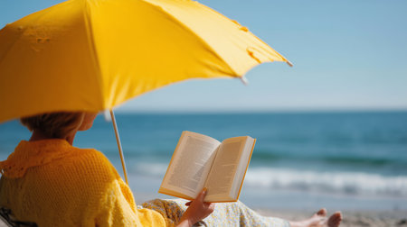 Reading under a yellow umbrella on the beach with ocean view on a sunny dayの素材