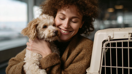 Woman smiles while holding a fluffy dog near a pet carrier in a cozy settingの素材